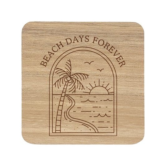Wooden coaster with 'Beach Days Forever' design featuring a palm tree, sun, and waves.