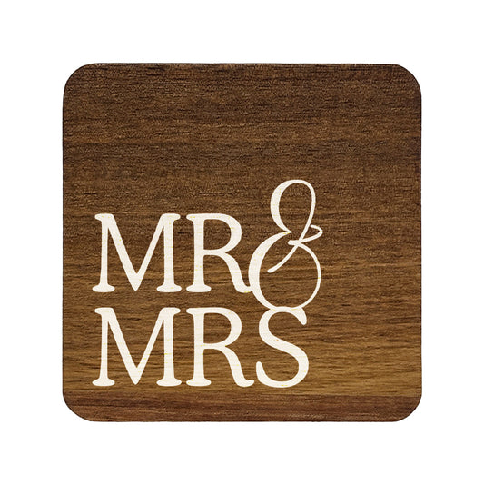 Square wooden coaster with 'MR & MRS' text on a white background