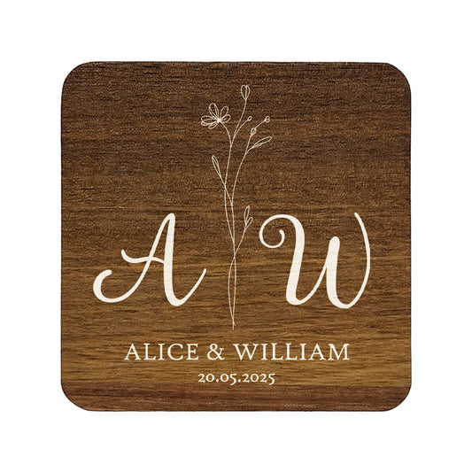 Personalised square wooden coaster with 'Alice & William' and a floral design on a white background