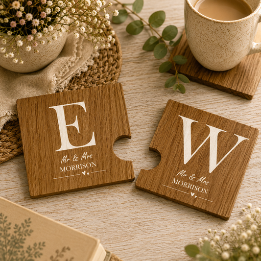 A set of 2 oak wooden coasters personalised with couple's initials and married name. When placed together the cut-out on each coaster forms a heart shape. The coasters are on a wooden table with tea and books.