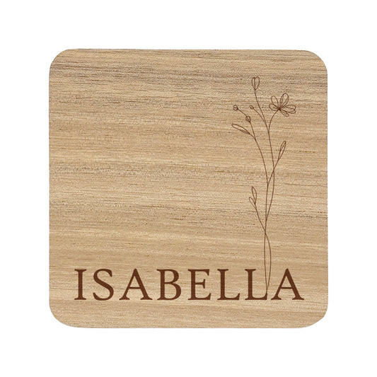Square wooden coaster with personalised name and floral design on a white background