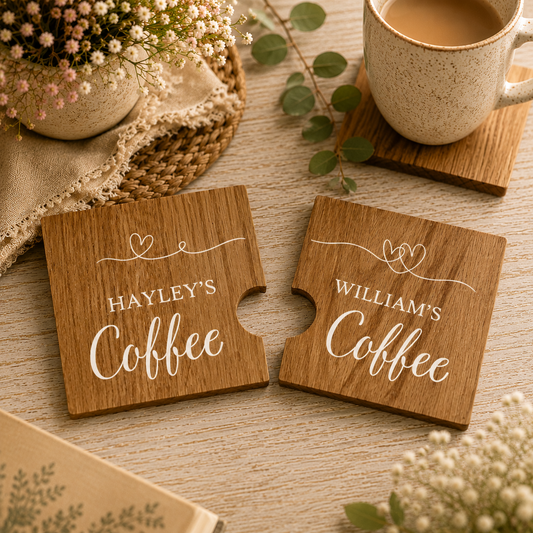 A set of 2 personalised oak coasters with a cut out heart created when the coasters are placed together. The personalised text has a name on each coaster and their favourite hot drink e.g. 'Ryan's Tea'.