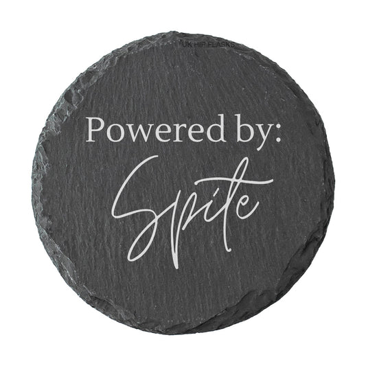 Round slate coaster with 'Powered by: Spite' text on a white background