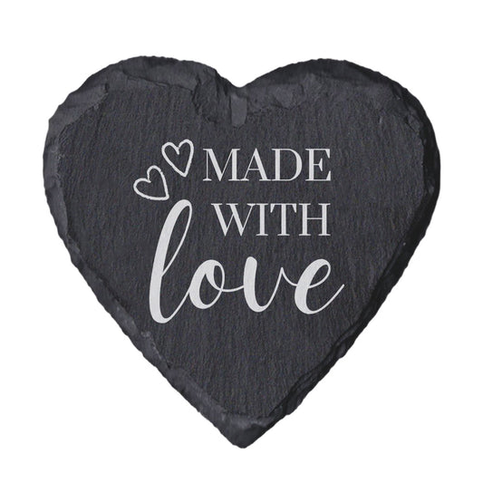 Heart-shaped slate coaster with 'Made with Love' text on a white background