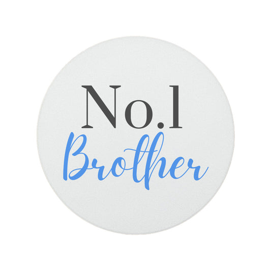 Round ceramic coaster features "No. 1 Brother" in dark grey and blue text.