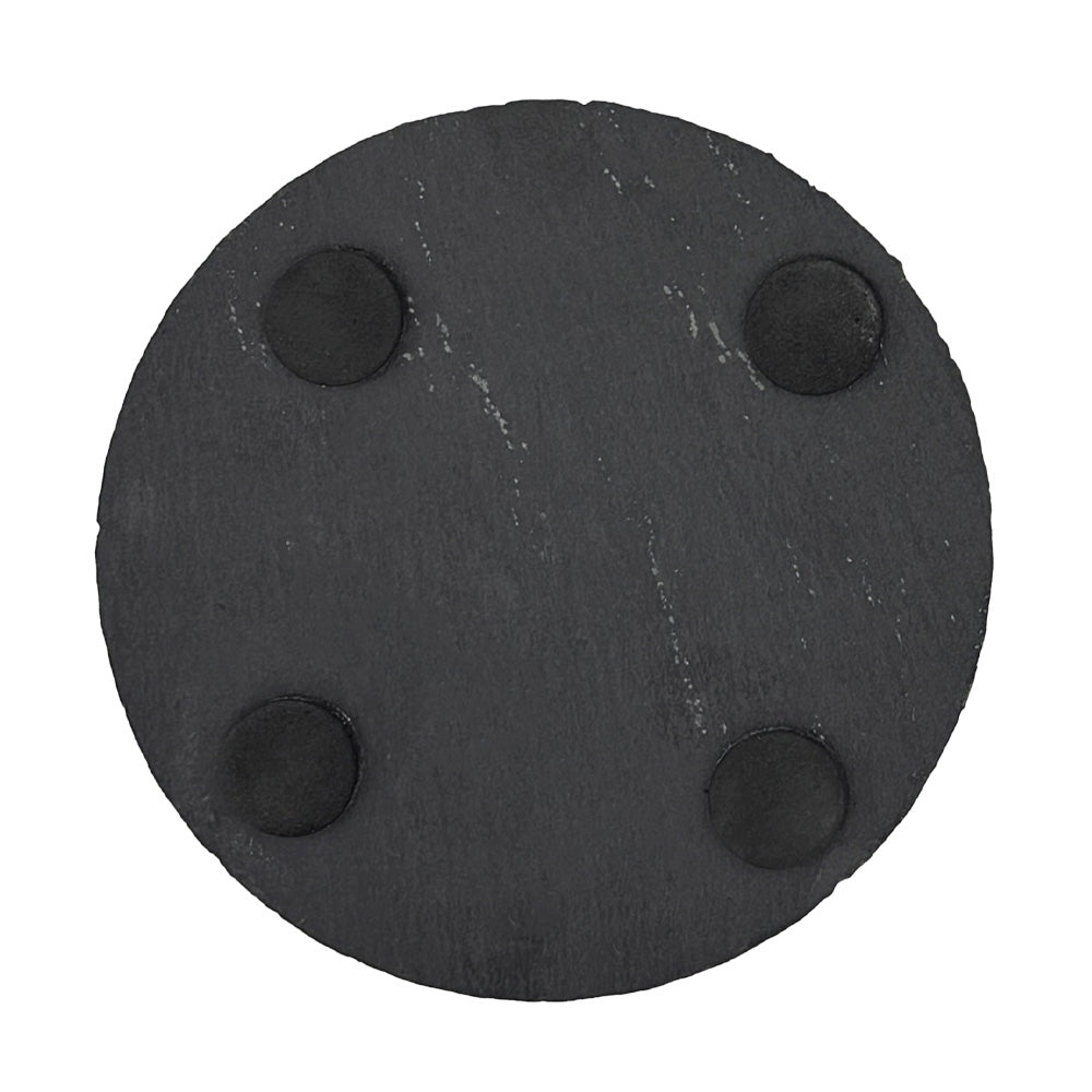 Round slate coaster with foam feet on the back to protect worksurfaces.