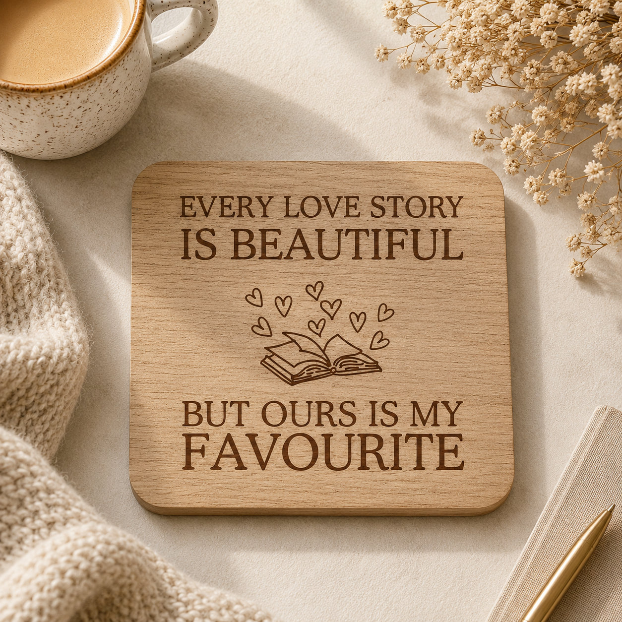 Square wooden coaster with the quote "every love story is beautiful but ours is my favourite" on a white table with cup of tea and notebook.