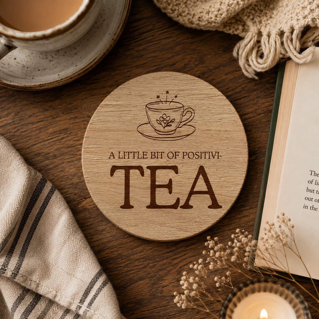 Wooden coaster with 'A Little Bit of Positivi-TEA' quote on a wooden surface with a cup of tea.