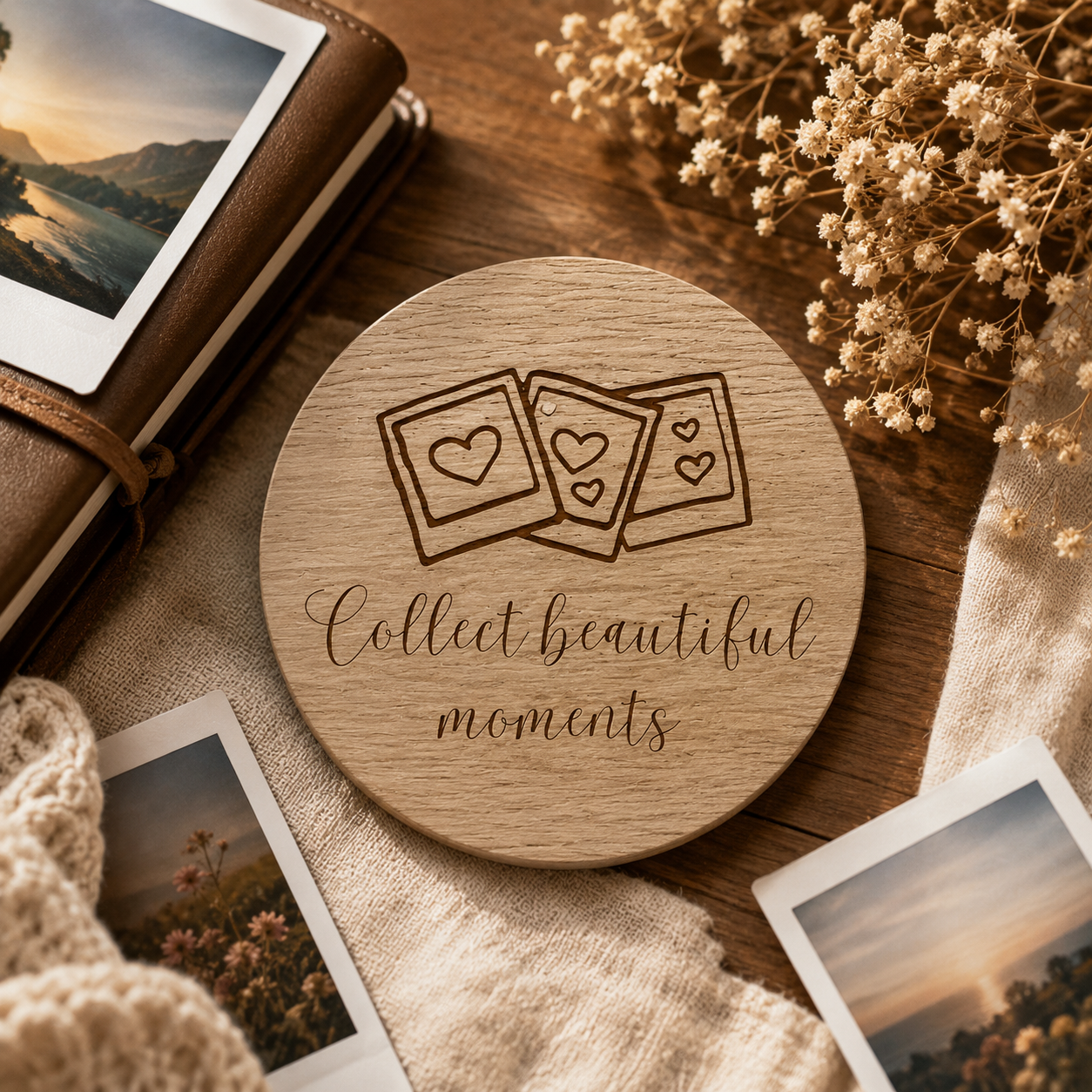 Wooden coaster with 'Collect beautiful moments' text and heart designs, surrounded by photos and flowers on a wooden surface.