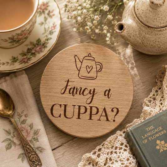 Wooden coaster with 'Fancy a cuppa?' text on a tea-themed table setting.