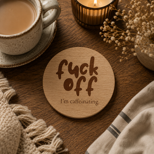 Wooden coaster with 'fuck off I'm caffeinating' text on a wooden table with a cup of coffee and candle.