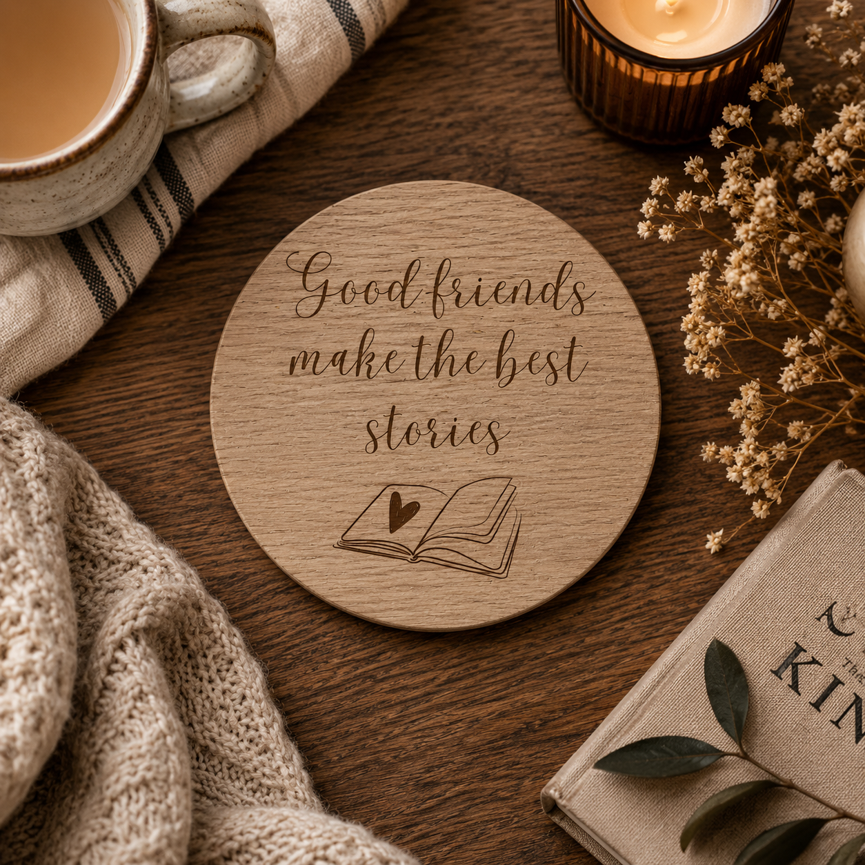 Wooden coaster with 'Good friends make the best stories' text on a wooden table with a cup, candle, and book.