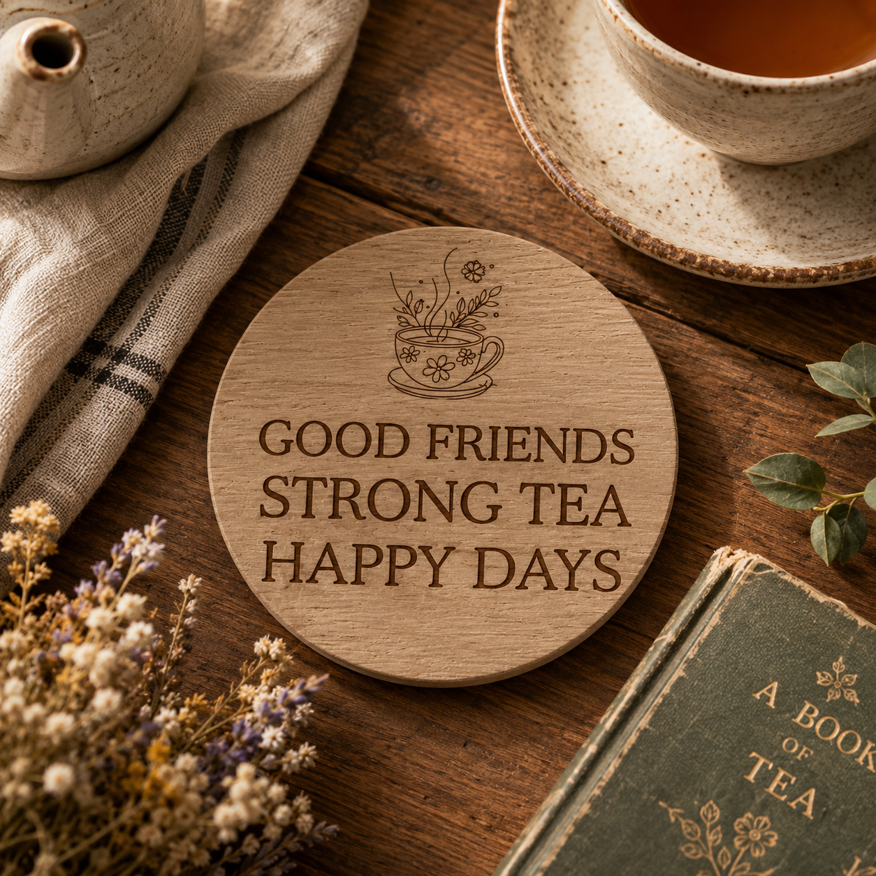 Wooden coaster with 'Good friends strong tea happy days' text on a wooden table with tea set and book.