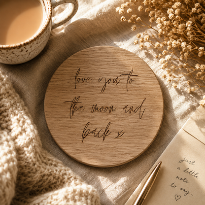 Round wooded coaster with quote "love you to the moon and back" in handwriting style lettering, on a beige table cloth with a cup of tea and book.