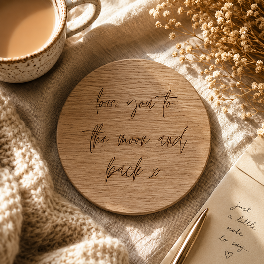 Round wooded coaster with quote "love you to the moon and back" in handwriting style lettering, on a beige table cloth with a cup of tea and book.