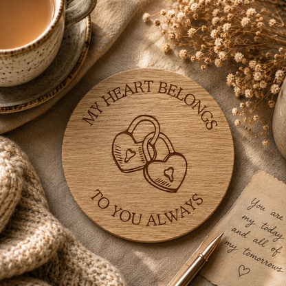 Wooden coaster with 'My heart belongs to you always' text and heart padlock design, placed on a table with a cup of tea and flowers.