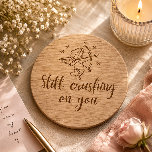 Wooden coaster with 'Still crushing on you' text and cupid illustration, surrounded by flowers and a candle.