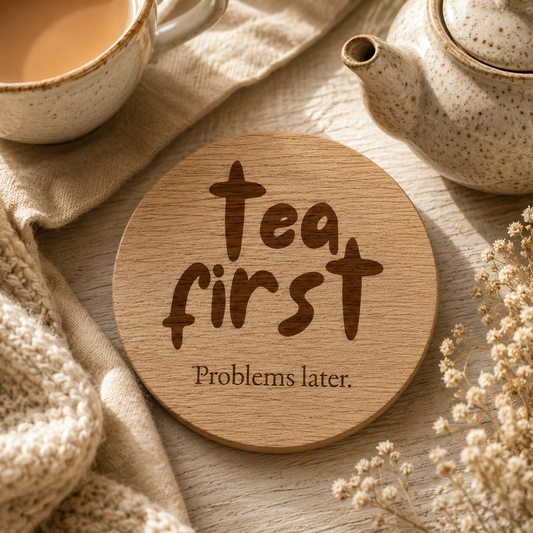 Wooden coaster with 'Tea first, Problems later' text on a tea-themed setting with a cup, teapot, and flowers.