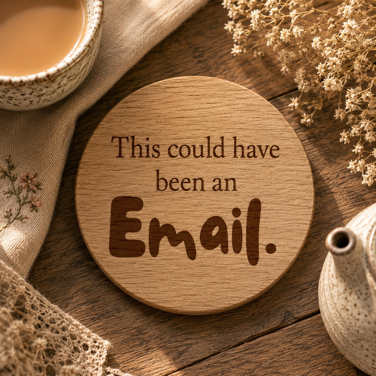 Wooden coaster with 'This could have been an Email' text on a wooden surface with a cup of coffee and flowers.