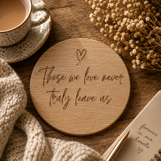 Wooden coaster with "those we love never truly leave us" text on a wooden table with a cup of tea and flowers.