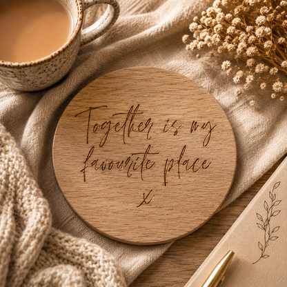 Wooden coaster with 'Together is my favourite place' text, cup of coffee, and dried flowers on a textured surface.