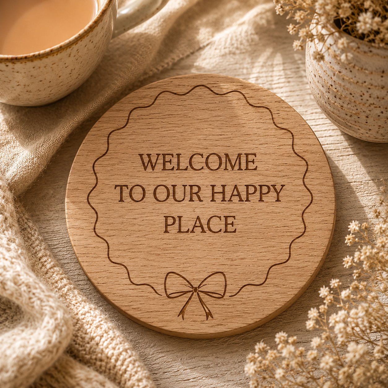 Wooden coaster with 'Welcome to our happy place' text on a cosy setting with a cup, flowers, and blanket.