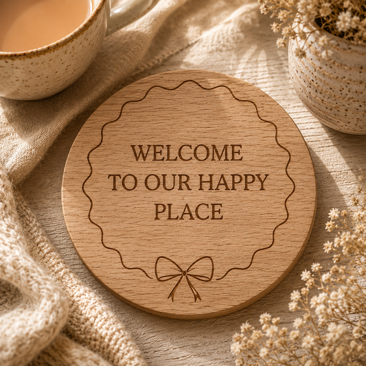Wooden coaster with 'Welcome to our happy place' text on a cosy setting with a cup, flowers, and blanket.