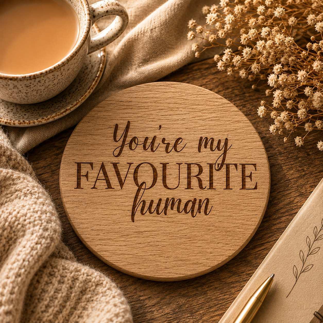 Wooden coaster with 'You're my Favourite human' text, cup of tea, and flowers on a wooden surface.