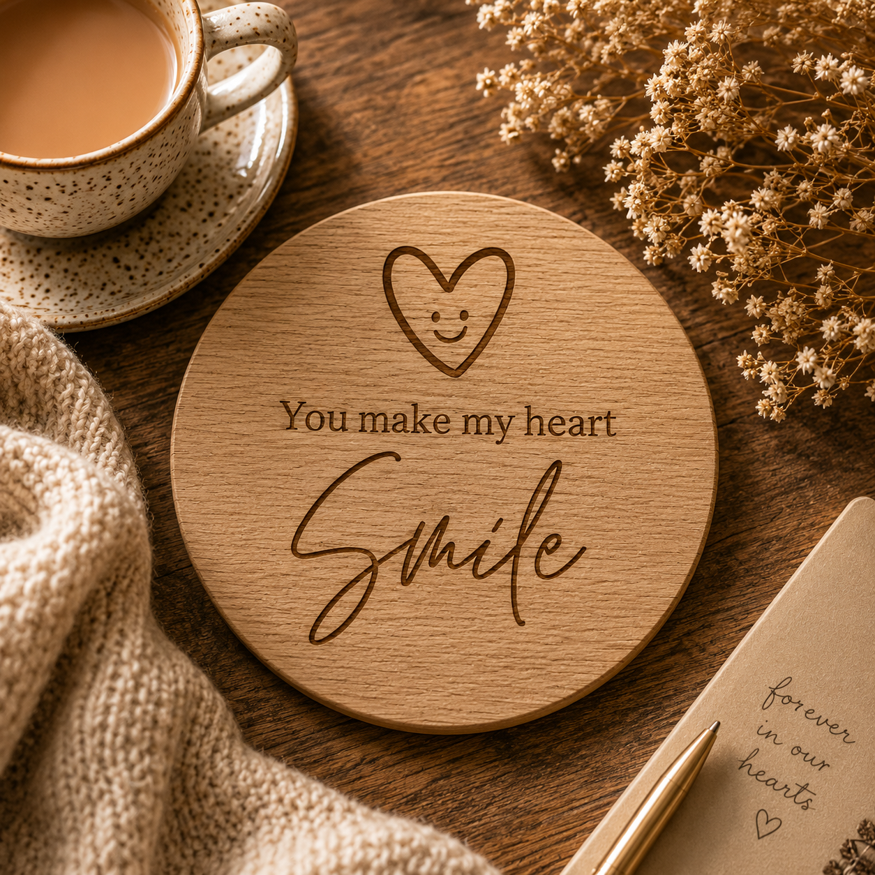 Wooden coaster with 'You make my heart smile' text on a wooden table with a cup of tea and flowers.