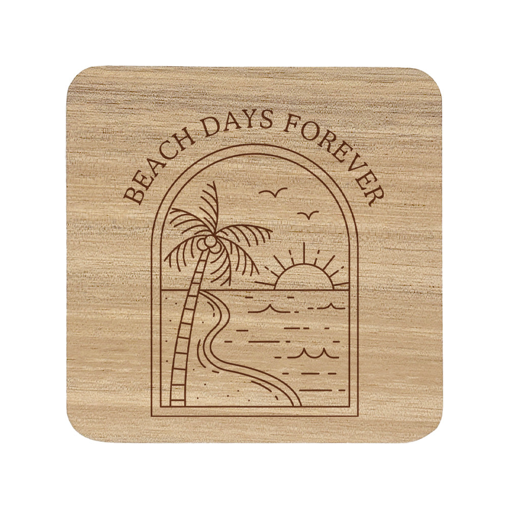 Wooden coaster with 'Beach Days Forever' design featuring a palm tree, sun, and waves.