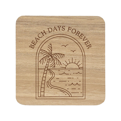 Wooden coaster with 'Beach Days Forever' design featuring a palm tree, sun, and waves.