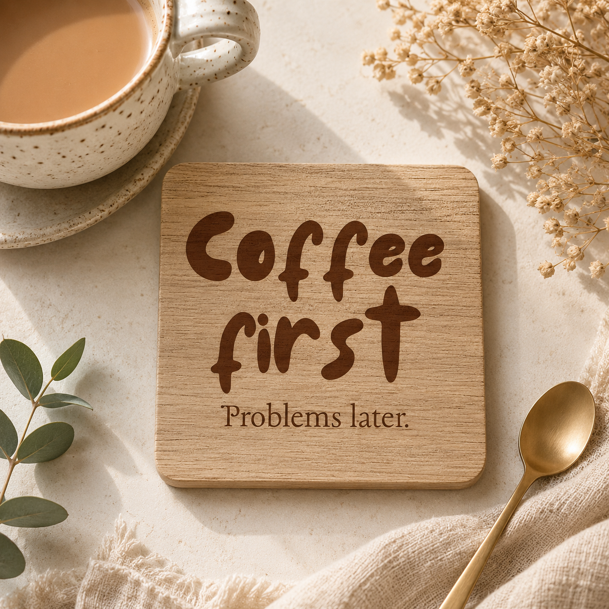 Wooden coaster with 'Coffee first, Problems later' text on a table with a cup of coffee and decorative elements.