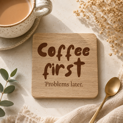 Wooden coaster with 'Coffee first, Problems later' text on a table with a cup of coffee and decorative elements.
