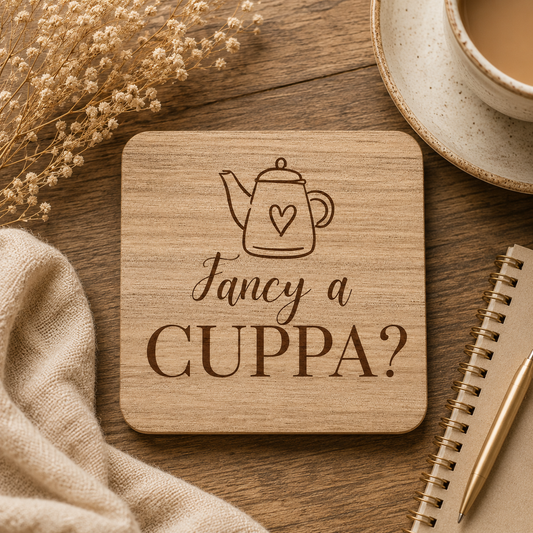 Wooden coaster with teapot design and 'Fancy a Cuppa?' text on a wooden surface with a cup of tea.