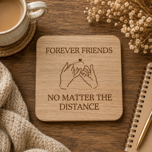 Wooden coaster with 'Forever Friends No Matter the Distance' text on a wooden surface with a cup of coffee and notebook.