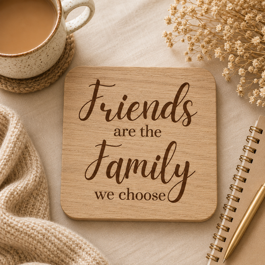 Wooden coaster with 'Friends are the family we choose' text, cup of coffee, notebook, and dried flowers on a beige surface.