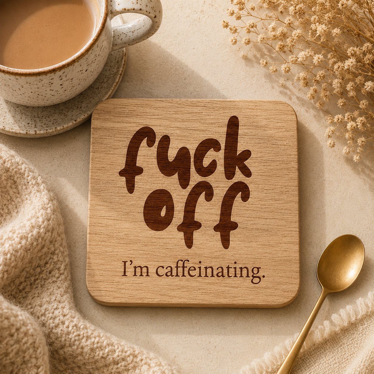 Wooden coaster with 'fuck off I'm caffeinating' text next to a cup of coffee and spoon on a beige surface.