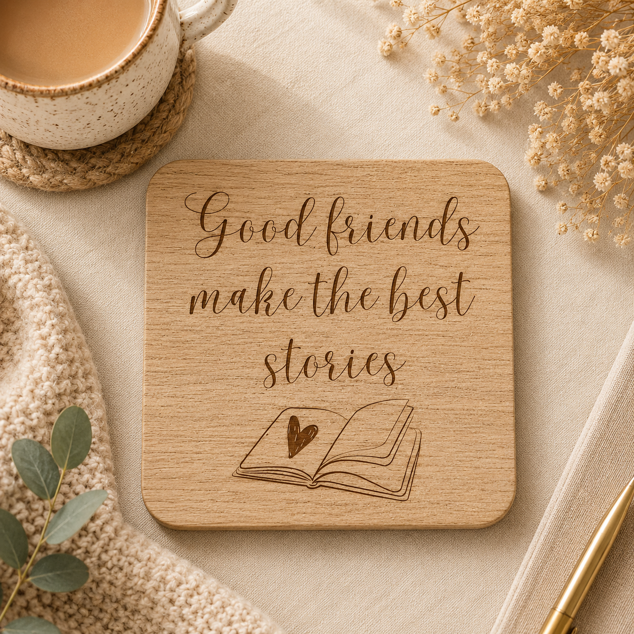 Wooden coaster with 'Good friends make the best stories' text and heart design on a cosy setting with a cup of coffee and flowers.