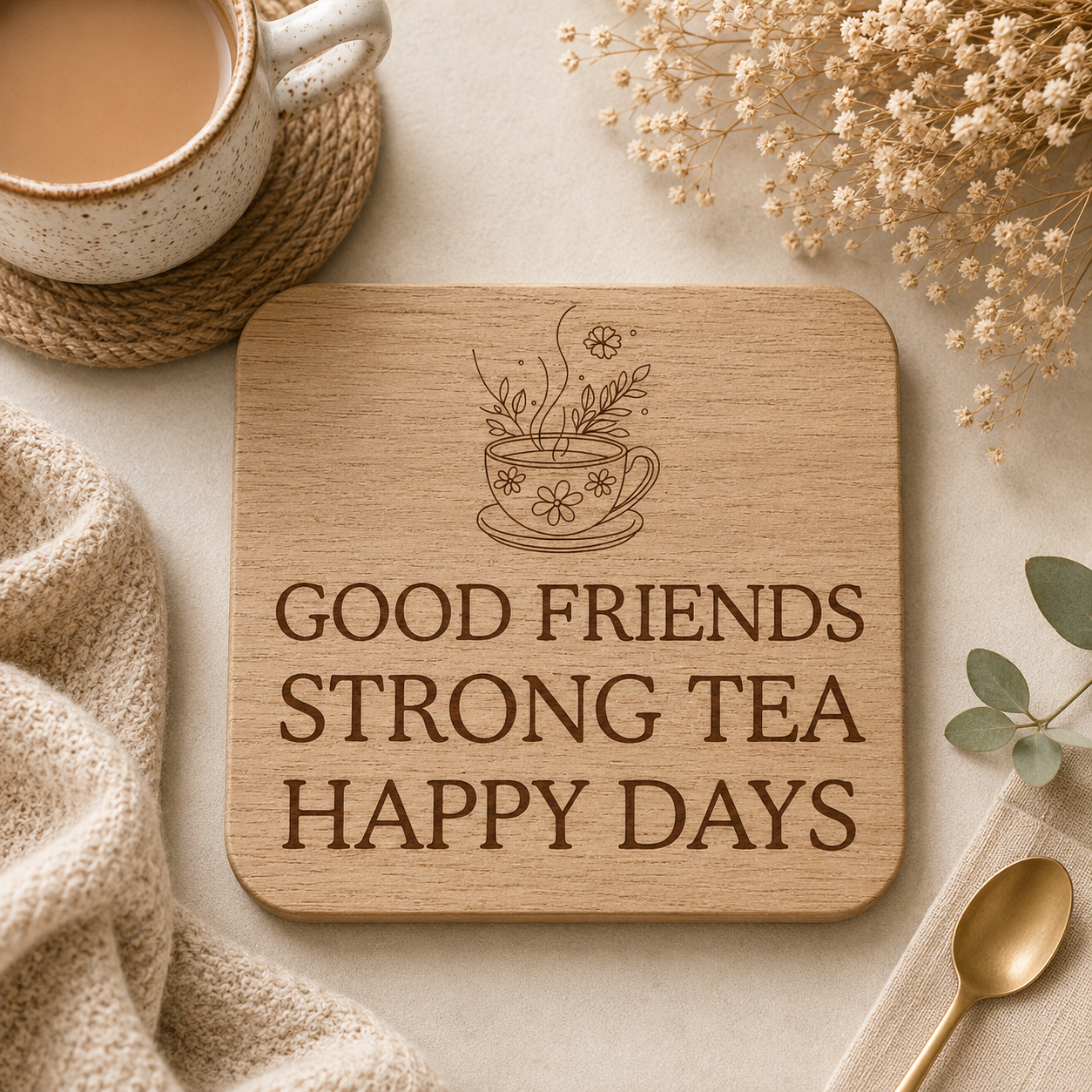 Square wooden coaster with text "good friends, strong tea, happy days" and a teacup illustration in a cosy setting with a cup of tea and plants.