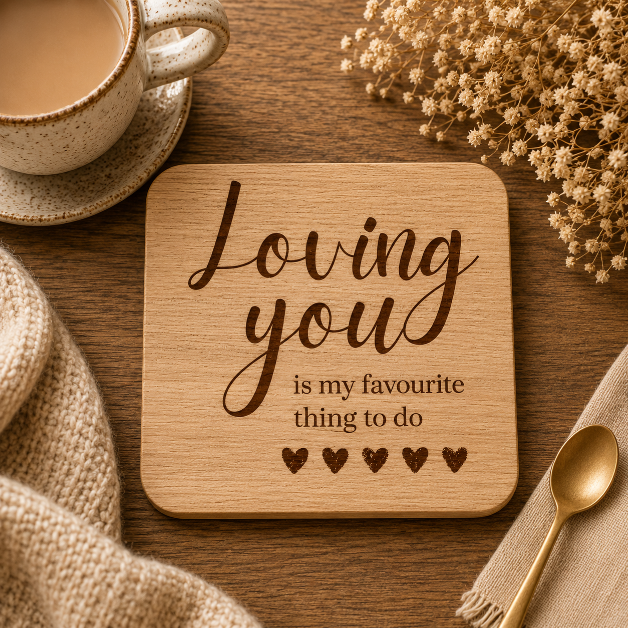 Wooden coaster with 'Loving you is my favourite thing to do' text on a wooden table with a cup of tea and flowers.