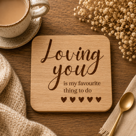 Wooden coaster with 'Loving you is my favourite thing to do' text on a wooden table with a cup of tea and flowers.