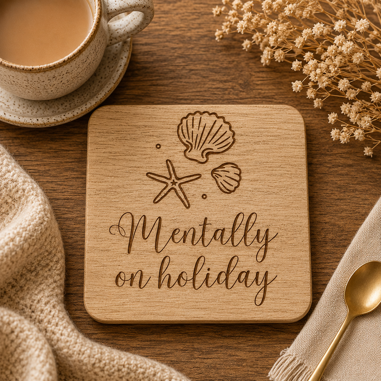 Wooden coaster with 'Mentally on holiday' text and shell designs on a wooden table with a cup of coffee and dried flowers.