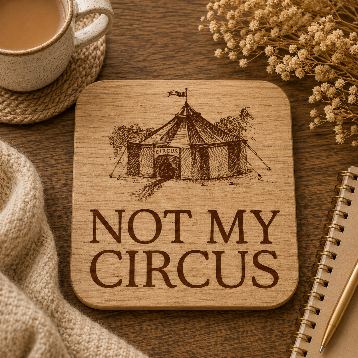 Square wooden coaster with "not my circus" text and a circus tent illustration, on a wooden surface with tea cup and notebook.