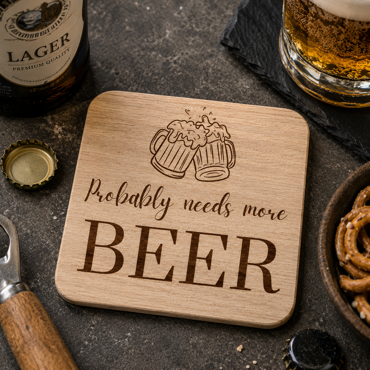 Square wooden coaster with "probably needs more beer" text and beer glasses illustration, on a bar with a pint of beer and snacks.
