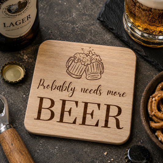 Square wooden coaster with "probably needs more beer" text and beer glasses illustration, on a bar with a pint of beer and snacks.