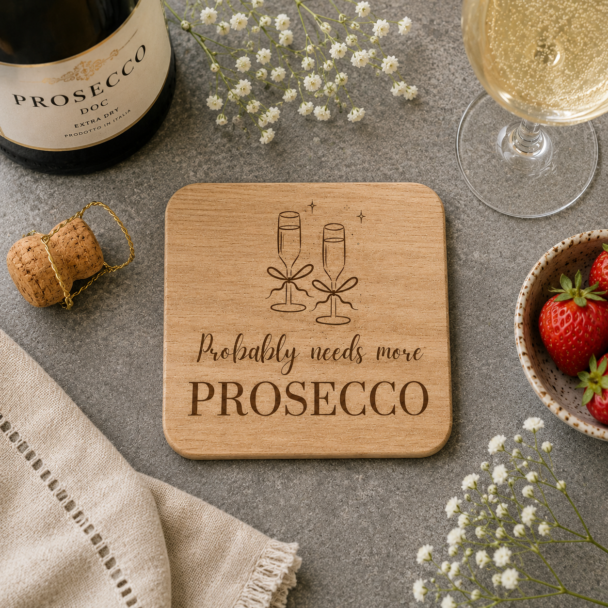 Wooden coaster with 'Probably needs more Prosecco' text, Prosecco bottle, glass, and strawberries on a table.