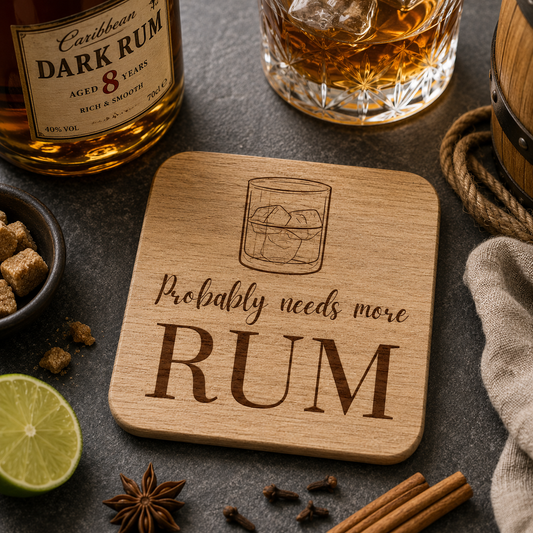 Square wooden coaster featuring the funny quote "Probably needs more rum" in crisp lettering with a rum glass illustration, on a bar with rum bottle, lime and spices.