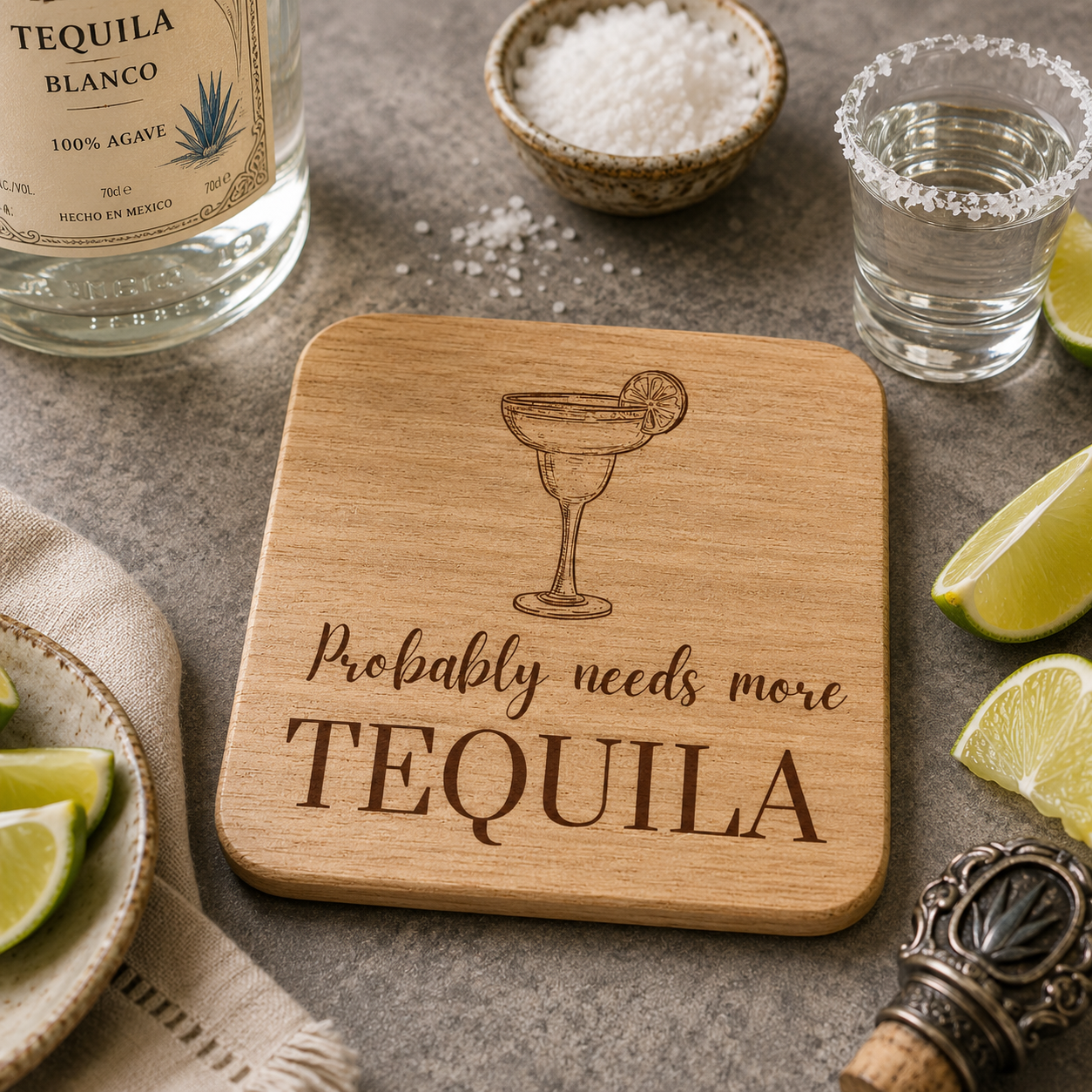 Square wooden coaster featuring the funny quote "Probably needs more tequila" in crisp lettering with a tequila cocktail illustration, on a bar with tequila bottle, salt and lime.