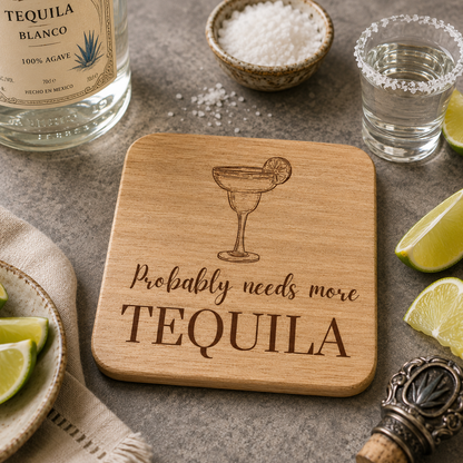 Square wooden coaster featuring the funny quote "Probably needs more tequila" in crisp lettering with a tequila cocktail illustration, on a bar with tequila bottle, salt and lime.