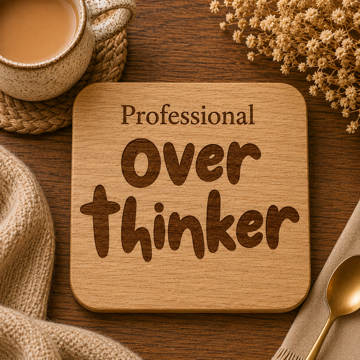 Square wooden coaster with 'professional over thinker' text on a wooden table with cup of tea.